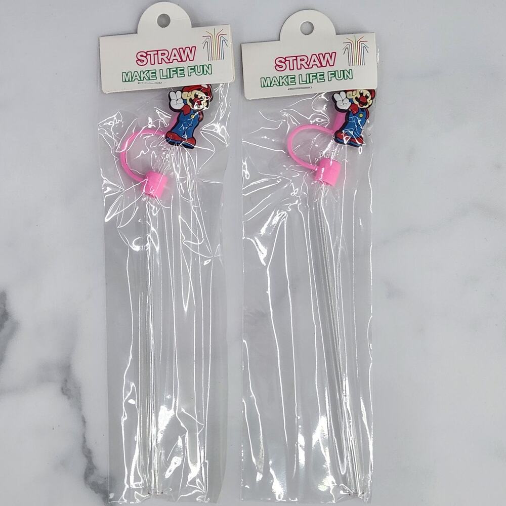 2 Super Mario Straws & Light Pink Straw Topper - Red Mario Character